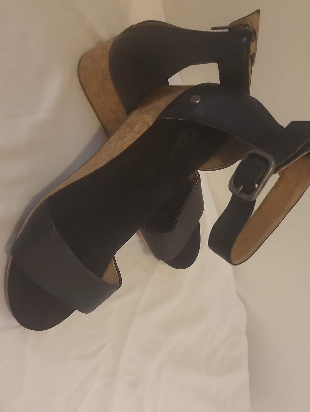 UGG Black Leather Cork Wedge Sandals with Ankle Strap